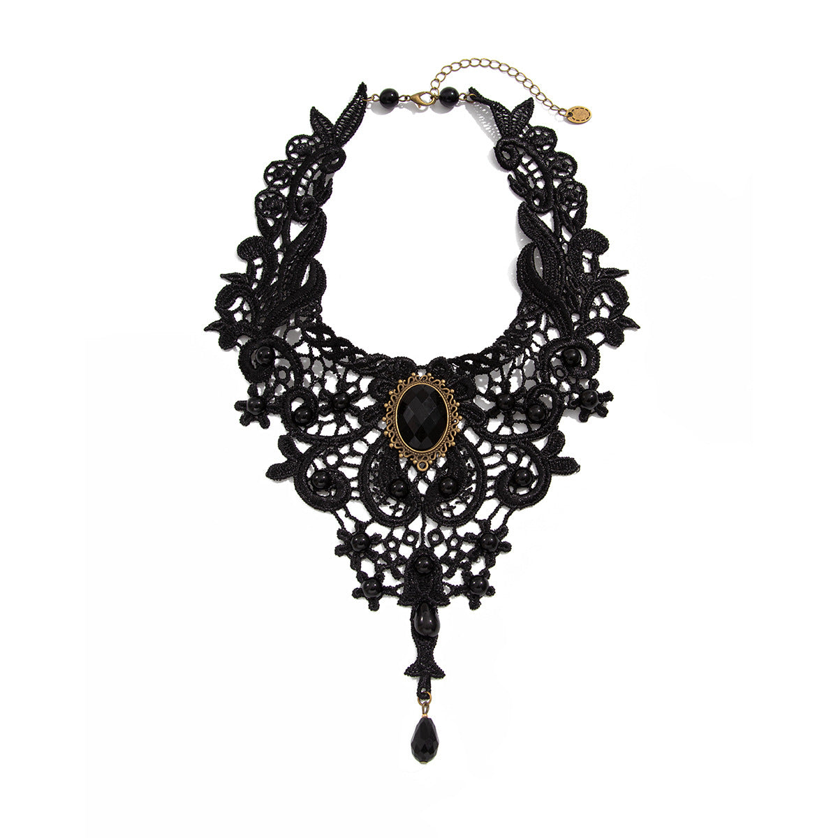 Vintage Gothic Lace Choker – Black Beads & Gem Pendant