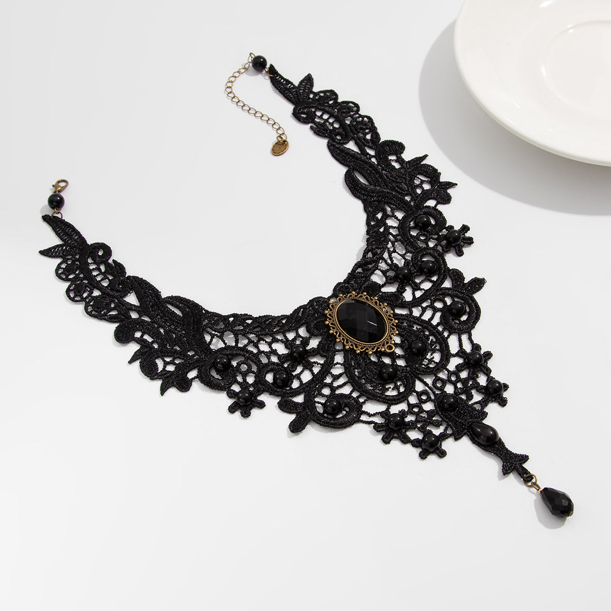 Vintage Gothic Lace Choker – Black Beads & Gem Pendant