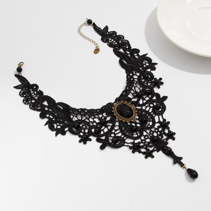 Vintage Gothic Lace Choker – Black Beads & Gem Pendant