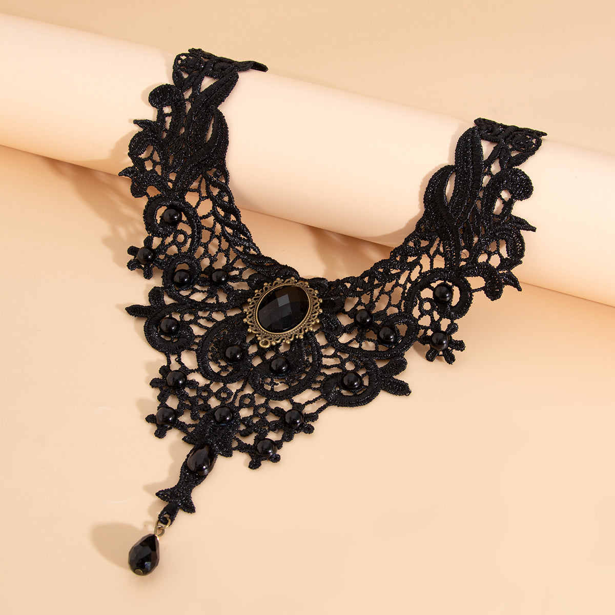 Vintage Gothic Lace Choker – Black Beads & Gem Pendant