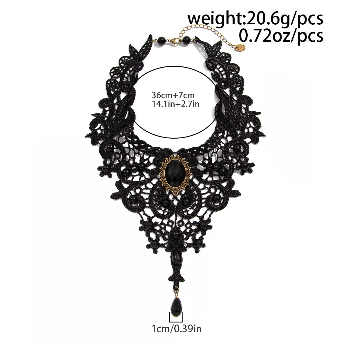 Vintage Gothic Lace Choker – Black Beads & Gem Pendant